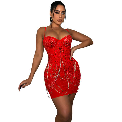 Red Sequin Chain Mini Dresses Mesh Rhinestone Club Dress PQ5868B