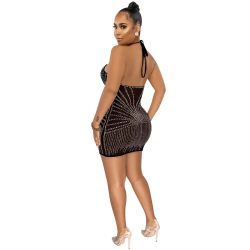 Black Sequin Sexy Mini Dresses Halter Rhinestone Club Dress PQ5653A