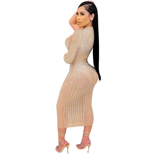 Apricot Sequin Skinny Midi Dresses Hole Rhinestone Bodycon Dress PQ5842B