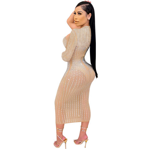 Apricot Sequin Skinny Midi Dresses Hole Rhinestone Bodycon Dress PQ5842B