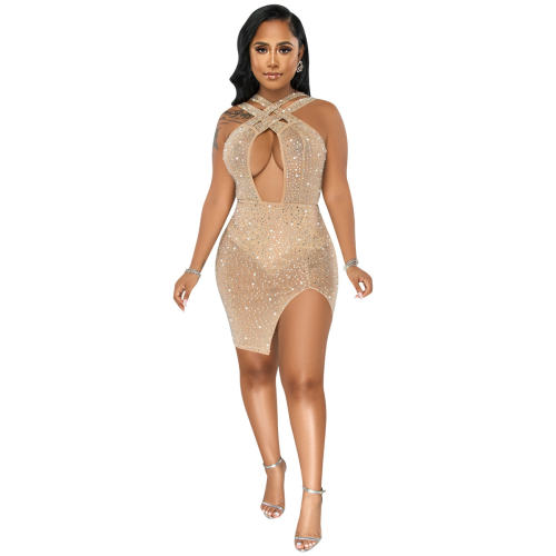 Apricot Sequin Sexy Mini Dresses Hollow Rhinestone Club Dress PQ5735B