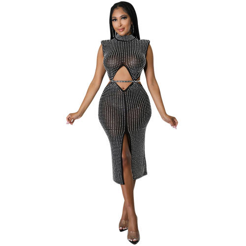 Halter Sequin Sexy Midi Dresses Hole Rhinestone Bodycon Dress PQ5796