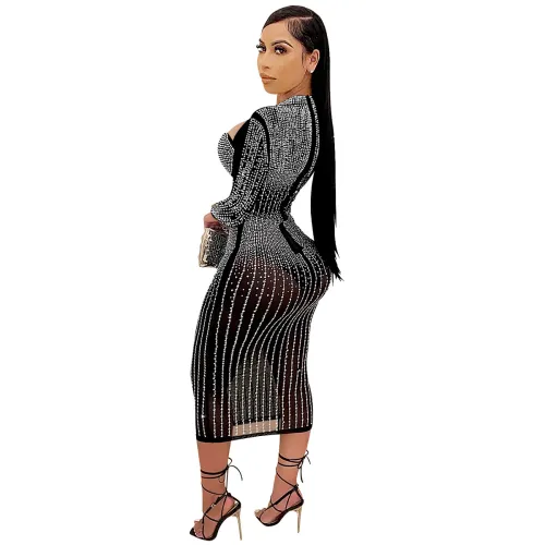 Black Sequin Skinny Midi Dresses Hole Rhinestone Bodycon Dress PQ5842A