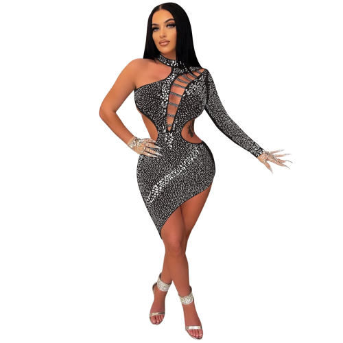 Sequin Sexy Hole Mini Dresses Halter Rhinestone Club Dress PQ5762
