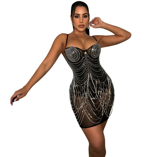 Black Sequin Chain Mini Dresses Mesh Rhinestone Club Dress PQ5868A