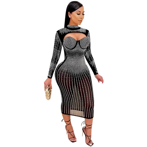 Black Sequin Skinny Midi Dresses Hole Rhinestone Bodycon Dress PQ5842A