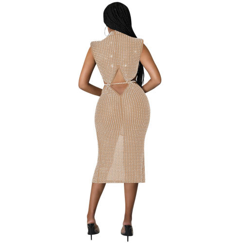 Halter Sequin Sexy Midi Dresses Hole Rhinestone Bodycon Dress PQ5796