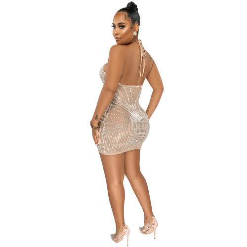 Apricot Sequin Sexy Mini Dresses Halter Rhinestone Club Dress PQ5653B