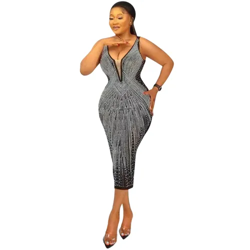 Wholesale V-neck Sequin Sexy Midi Dresses Rhinestone Bodycon Dress PQ5808
