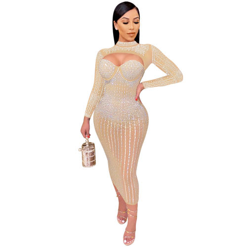 Apricot Sequin Skinny Midi Dresses Hole Rhinestone Bodycon Dress PQ5842B