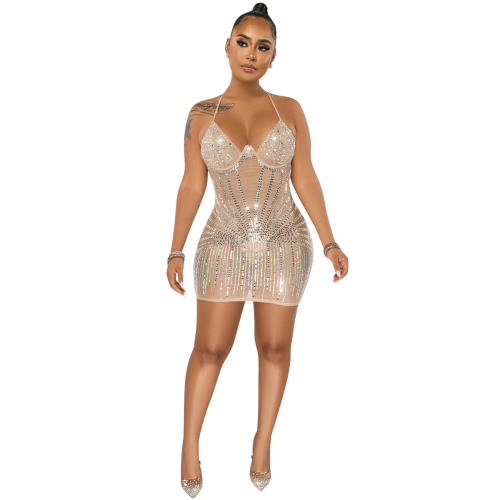 Apricot Sequin Sexy Mini Dresses Halter Rhinestone Club Dress PQ5653B