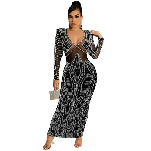 Sexy Sequin Evening Dress Women V-neck Rhinestone Cocktail Dresses PQ5912