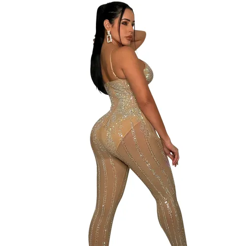 Deep V-neck Rhinestone Bodysuit Women Sequin Jumpsuit PQ5866