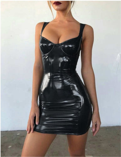 Wetlook Faux Leather Bodycon Dress Sexy Latex Club Wear PU Dresses PQ15318