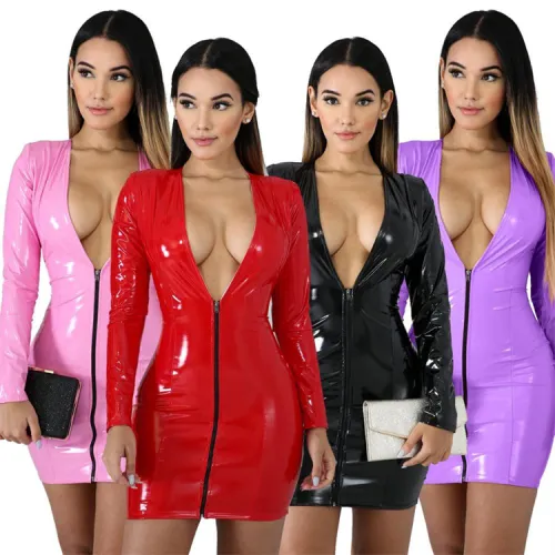 Front Zipper Faux Leather Club Dress Sexy Wetlook PU Dresses Fetish Wear PQ065