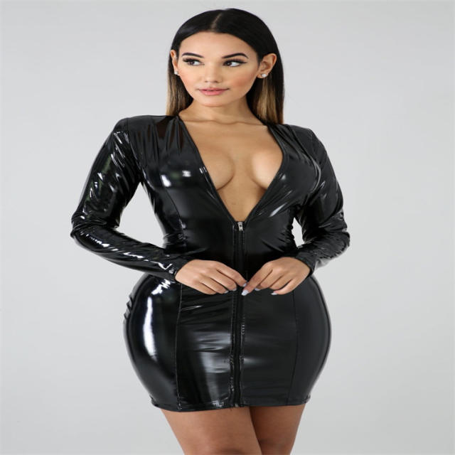 Front Zipper Faux Leather Club Dress Sexy Wetlook PU Dresses Fetish Wear PQ065