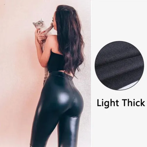Wetlook Black Faux Leather Fleece Winter Leggings High Waist PU Pants PQPU004B