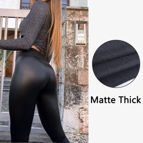 Matt Black Faux Leather Fleece Winter Leggings High Waist PU Pants PQPU004A