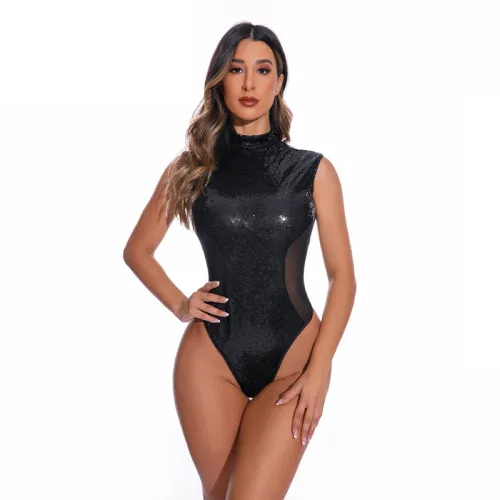 Sexy Sequin Bodysuit Teddies Lingerie Halter Fetish Wear PQ1022
