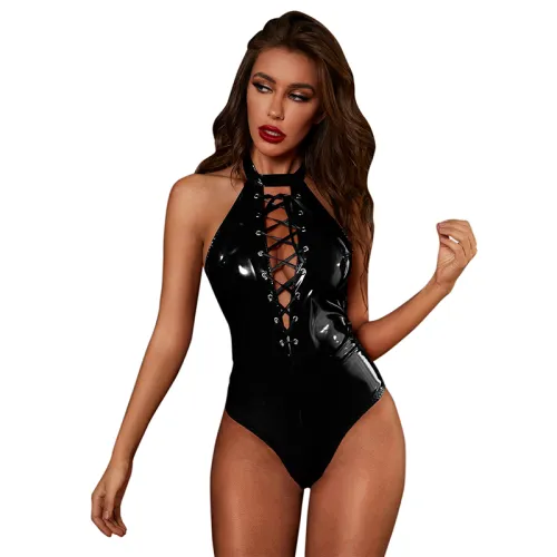 Black Leather Teddy Lingerie Wetlook PU Sexy Bodysuit Valentine PQSH039A
