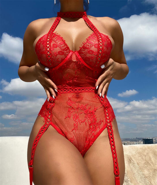 Red Lace Teddy Lingerie Women Sexy Bodysuit Valentine PQ1565