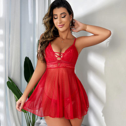 Red Sexy Lace Nightdress For Women Valentine Babydoll Lingerie PQ8590