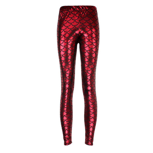 Mermaid Scale Pants Women Shiny Cropped Leggings Faux Leather Trousers PQY300