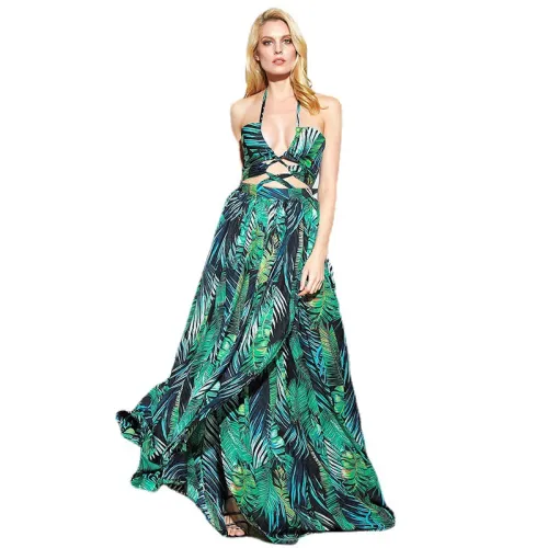 Fashion Lace-up Maxi Dresses Plus Size Printed Casual Dress PQ6353