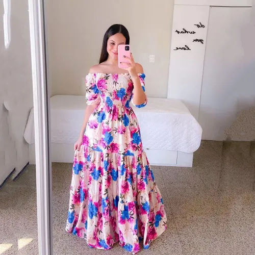 Fashion Off Shoulder Maxi Dresses Plus Size Printed Boho Dress PQ9070