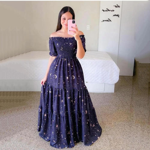 Plus Size Printed Boho Dress Fashion Off Shoulder Maxi Dresses PQ9070