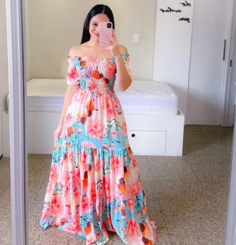 Plus Size Printed Maxi Dress Fashion Off Shoulder Boho Dresses PQ9070