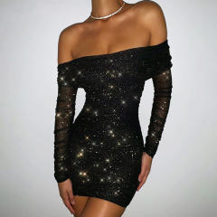 Black Off Shoulder Night Club Dress Sexy Sequin Mini Dresses PQ8702A
