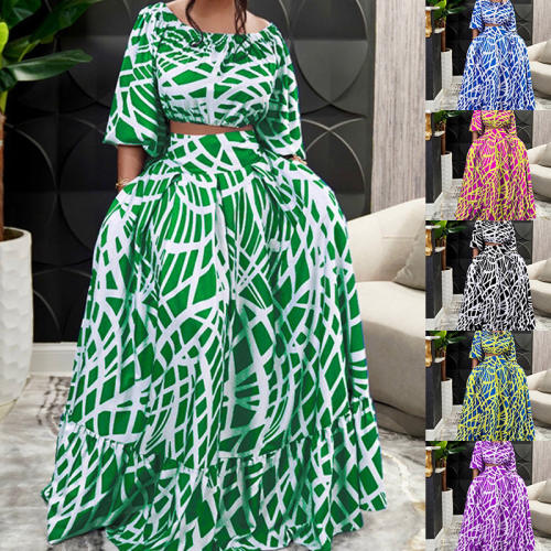 Tropical Print Wholesale Boho Dress Women Two Pieces Dresses PQ9423