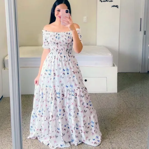 Fashion Printed Maxi Dress Plus Size Off Shoulder Boho Dresses PQ9070