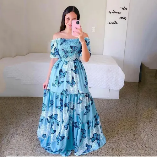 Plus Size Off Shoulder Boho Dresses Fashion Printed Maxi Dress PQ9070