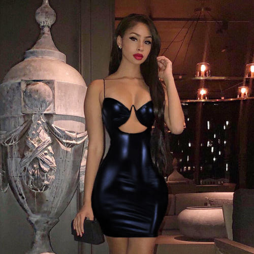 Hollow Out Club Dress Vinyl Spaghetti Strap Sexy Dresses For Women PQ1437