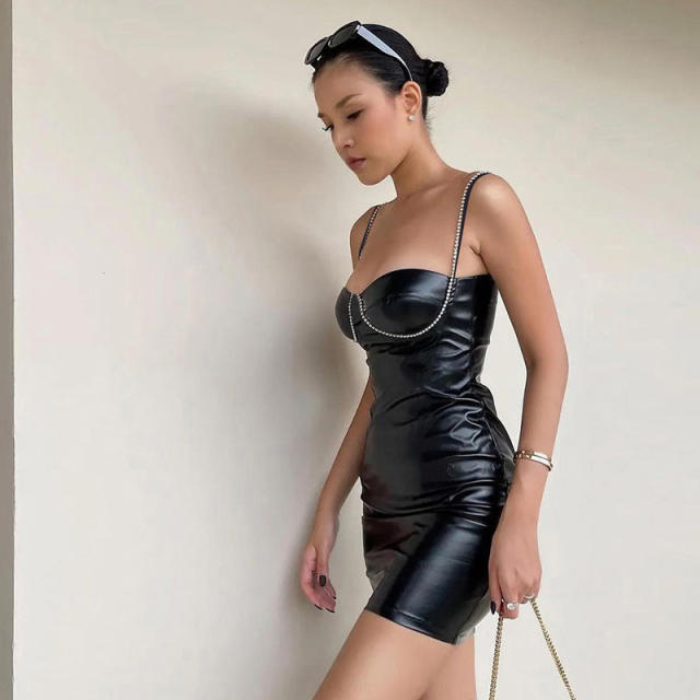 Faux Leather Spaghetti Strap Mini Dress For Women Sexy Diamond Clubwear PQ13391