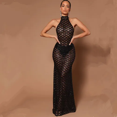 Black Floor Length Host Mermaid Evening Gown Halter Banquet Dress PQ8881A