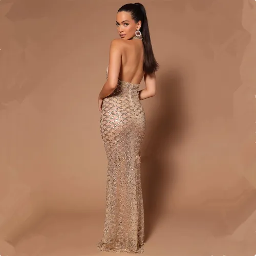 Apricot Floor Length Host Mermaid Evening Gown Halter Banquet Dress PQ8881B