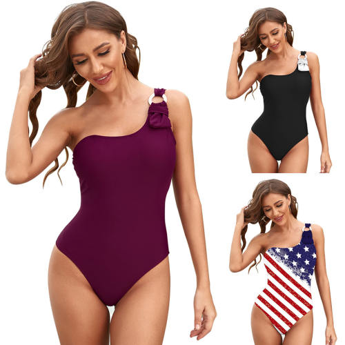 American Flag Print Swimwear Women One Shoulder Tankinis Beachwear PQ219