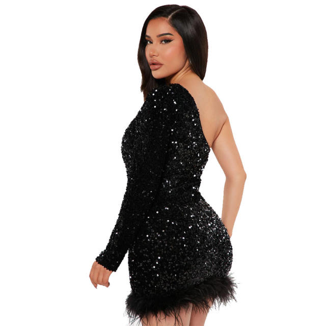 Women Sexy Sequin Dresses One Shoulder Night Club Dress PQ8882