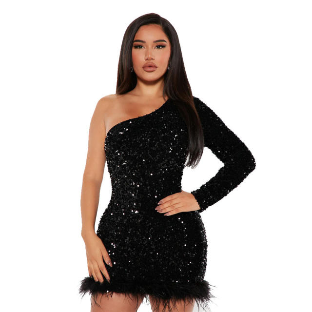 Women Sexy Sequin Dresses One Shoulder Night Club Dress PQ8882