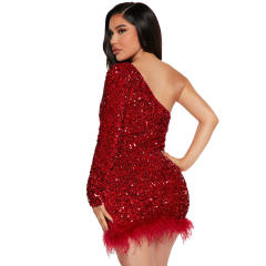 Women Sexy Sequin Dresses One Shoulder Night Club Dress PQ8882