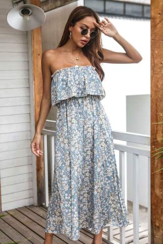 Fashion Off Shoulder Maxi Dresses Floral Printed Strapless Casual Dress PQ8203