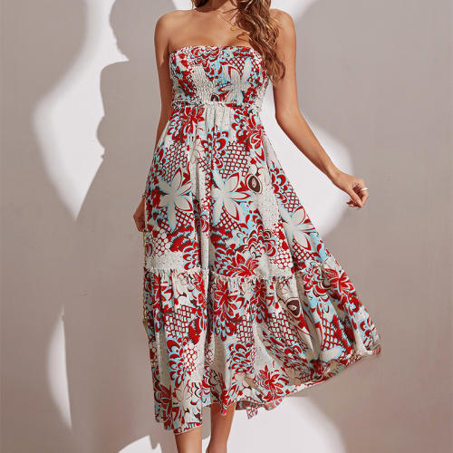 Fashion Off Shoulder Midi Dresses Floral Print Strapless Casual Dress PQ433