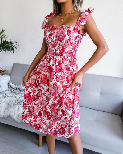 Summer Midi Dresses Women Floral Print Spaghetti Strap Casual Dress PQ8334