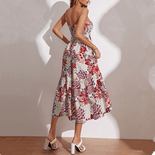 Fashion Off Shoulder Midi Dresses Floral Print Strapless Casual Dress PQ433
