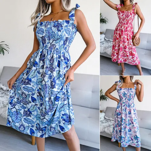 Summer Midi Dresses Women Floral Print Spaghetti Strap Casual Dress PQ8334