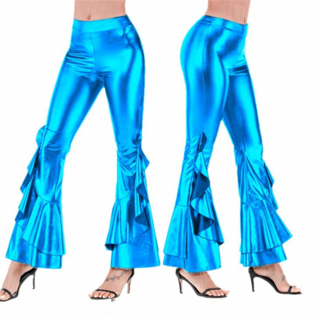 Wholesale Faux Leather Irregular Flared Trousers Nightclub Wide Leg Pants PQTK03