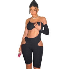 Black Hollow Out Bodysuit Women Skinny Summer Jumpsuit PQ6399